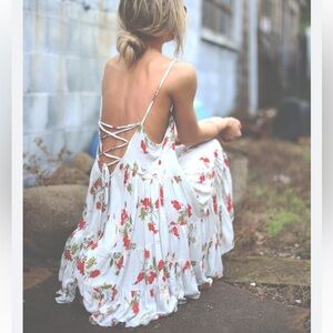 Free People Grey and Red Floral Lace Up Back Tunic Dress